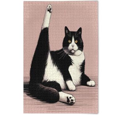 Imagem de Quebra-cabeça fofo de gato preto e branco preguiçoso 500 peças para adultos, presentes para amantes de família, natureza, adultos, animais, arte floral, 500 peças, 52 x 37,8 cm