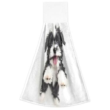 Imagem de Toalhas de mão de outono com laços para pendurar engraçado cachorrinho cachorro preto branco conjunto de 2, toalhas decorativas de cozinha fofas absorventes macias, 46 x 35 cm