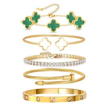 Imagem de Arthur Liu Conjunto de 5 pulseiras empilháveis de flores da sorte, One Size, Aço inoxidável, Zircônia cúbica