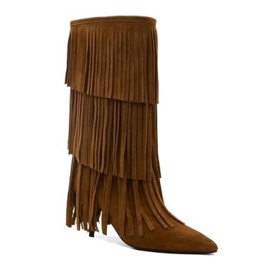 Imagem de MAVMAX Botas de cano alto com franjas de camurça cowgirl borla gatinho bota de cano médio ocidental bico fino para mulheres uso diário outono inverno, Marrom, 34