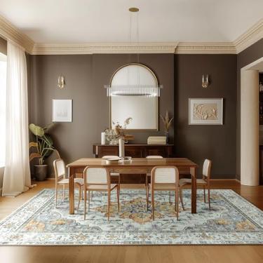 Imagem de RELEANY Tapetes quadrados, 3 metros, lavável, antiderrapante, estampa floral, vintage, tapete medalhão para sala de estar, quarto, sala de jantar, amarelo claro, cinza carbono laranja