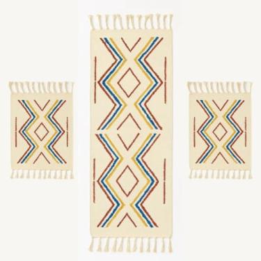 Imagem de Kit Tapete Cozinha Algodão Artesanal com Passadeira Geométrica 3 Peças Decorativo(Kilim)