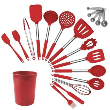 Imagem de Kit 15 Utensílios de Cozinha Silicone com Cabo Inox, Espátulas e Colheres Resistentes ao Calor, Conjunto Completo Antiaderente(Vermelho)