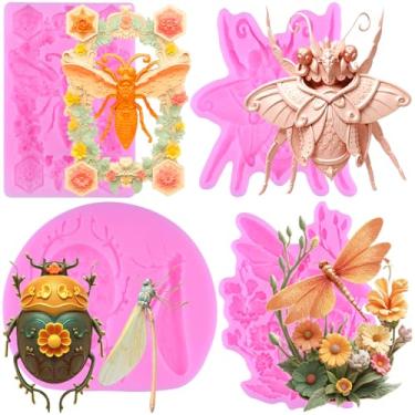 Imagem de MIYAHOUSE Moldes de fondant de insetos para decoração de bolos, topo de cupcake, pasta de goma de chocolate, argila de polímero, conjunto de 4