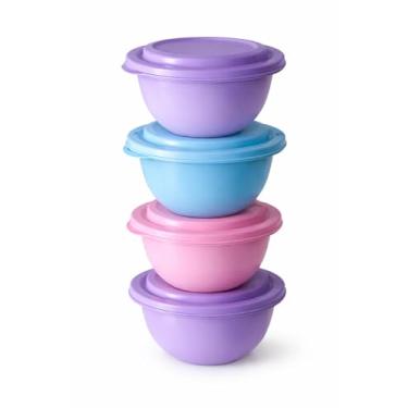 Imagem de Conjunto de Potes Plásticos com Tampa, 4 Peças, Cores Pastel Lilás, Rosa e Azul, 1 litro