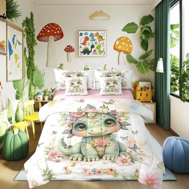 Imagem de Conjunto de edredom King com desenho animado de dragão, 7 peças, flores em aquarela, borboleta, animal mágico sonhador, com edredom, lençol de cima, lençol com elástico, fronhas e fronhas, reversível