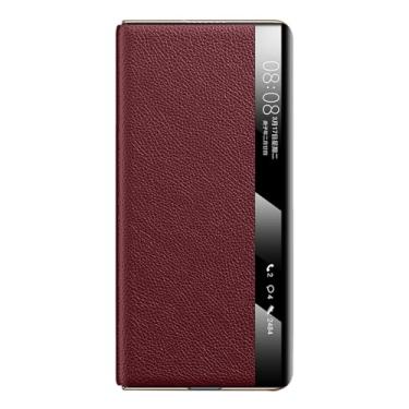 Imagem de POYUFRG Capa galvanizada para Huawei Mate X7, capa fina de couro genuíno de luxo para janela de visualização inteligente, capa flip magnética, vermelha, Mate X7