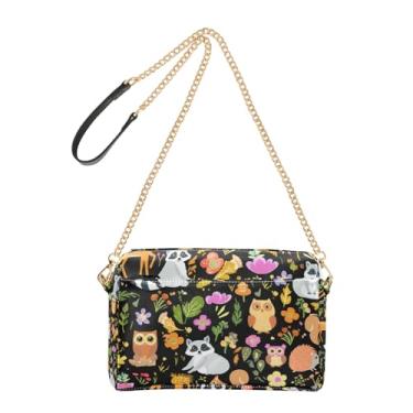 Imagem de Joitme Bolsa tiracolo feminina para celular, bolsa de ombro fofa de animais da floresta com alça de corrente preta de couro PU