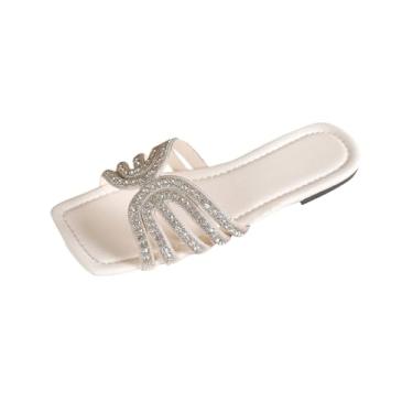 Imagem de Chinelos femininos modernos casuais primavera e verão praia versátil strass cabeça quadrada bico aberto chinelos planos, Branco, 35