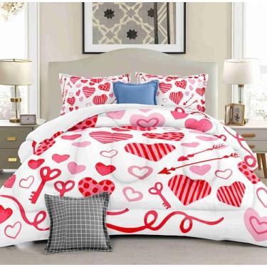 Imagem de Yilinata Conjunto de edredom king size de corações dos namorados com 2 fronhas, estampa de coração vermelho e rosa, 3 peças, roupa de cama para crianças e adultos, decoração de cama para todas as