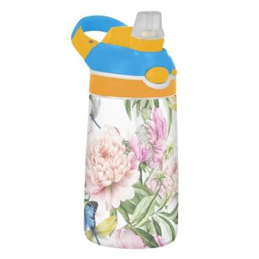 Imagem de Linda garrafa de água infantil rosa floral peônias para escola, 473 ml, 473 ml, garrafa de água esportiva Tritan com canudo, copo infantil à prova de vazamento, reutilizável, alça de transporte