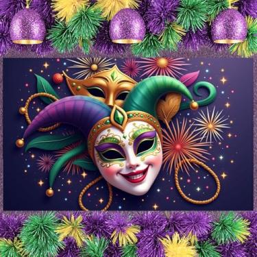 Imagem de Banner de festa com máscara, decoração de penas, faixa de carnaval para baile de máscaras de festa