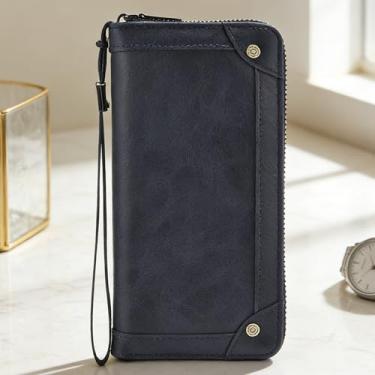 Imagem de Carteira masculina retrô azul compacta, padrão de camurça, fácil de carregar, design compacto azul retrô com fivela, padrão de camurça e tamanho conveniente de transporte fácil