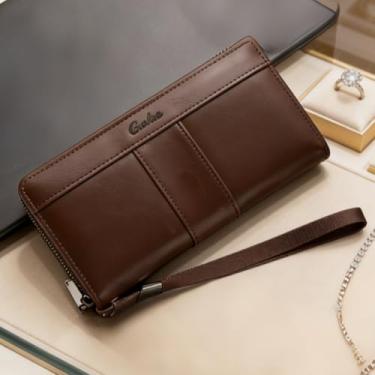 Imagem de Carteira masculina, carteira segura de couro longo com zíper e janela para identidade e grande capacidade, organizador de proteção multifuncional (mogno)