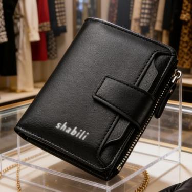 Imagem de Carteira masculina de couro curta com zíper com vários compartimentos para cartões, organizador com bloqueio de RFID (preto)