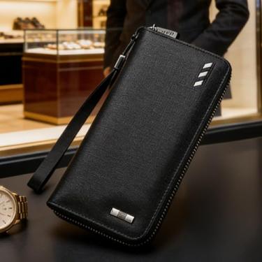 Imagem de Carteira masculina, carteira longa de couro para estudantes com zíper único, organizador de estilo vintage com vários compartimentos para cartão, bloqueio RFID e design moderno (preto)