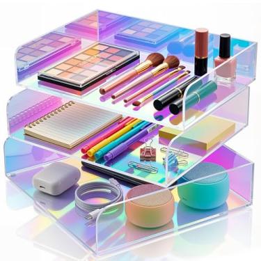 Imagem de Suzile 3 organizadores iridescentes de acrílico para cartas, 30 x 23 x 7 cm, bandeja de papel iridescente empilhável para mesa, pasta de documentos, cadernos, artigos de papelaria, acessórios de