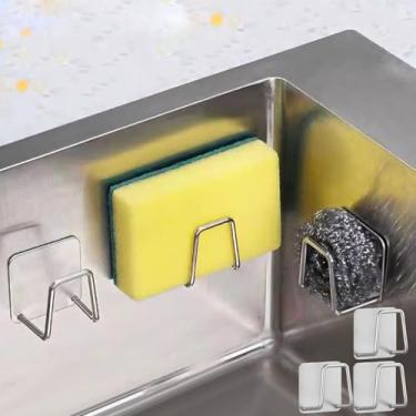 Imagem de Organizador de pia de cozinha de aço inoxidável, 3 peças, suporte de esponja adesivo, sem broca, gancho de armazenamento montado na parede para pano de prato e acessórios