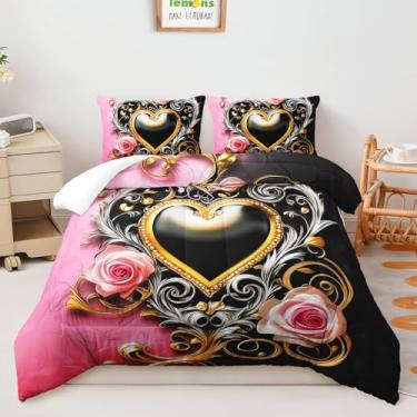 Imagem de AILONEN Conjunto de edredom preto e rosa, tamanho solteiro, microfibra macia, preto, coração, amor, com 2 fronhas, conjunto de cama com estampa floral rosa rosa, 3 peças para meninas