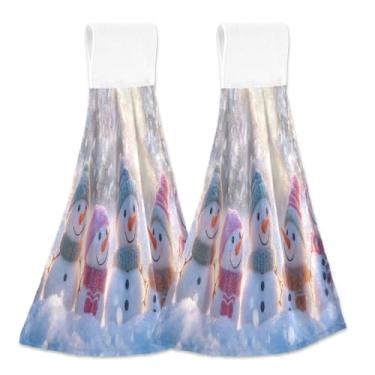Imagem de Blueangle 2 peças de toalhas de gravata penduradas com bonecos de neve fofos toalha de mão de cozinha absorvente de veludo coral macio pano para cozinha e banheiro (419)