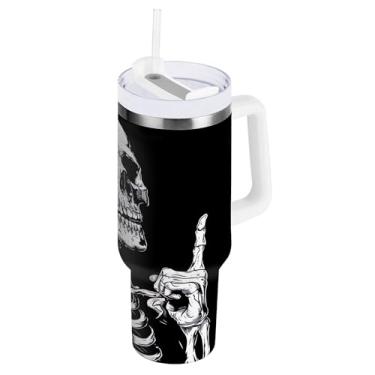 Imagem de SEHANY Copo Skull Gothic de 850 g com alça, copo isolado de aço inoxidável a vácuo de parede dupla, à prova de vazamento, copo de viagem isolado cabe no suporte de copo de carro