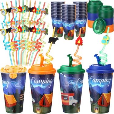 Imagem de Yungyan 16 conjuntos de copos de lembrancinhas de festa de acampamento com tampas e canudos para decorações de aniversário, reutilizáveis, 473 ml, canudos de plástico para festa de aniversário (amp)