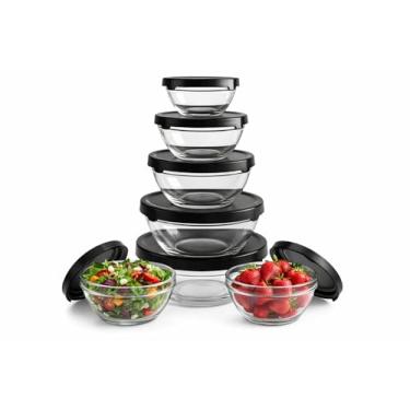 Imagem de Conjunto com 5 Potes Redondos de Vidro com Tampa – Armazenamento Seguro, Organização e Vedação Eficiente - Conjunto de 5 Tigelas Bowl Redondas Para Geladeira Microondas e Freezer (Preto)