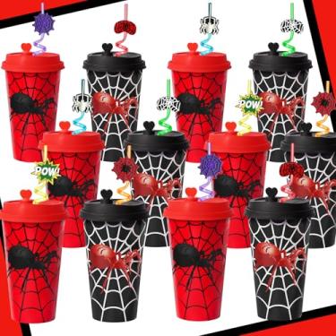 Imagem de FZR Legend AFZMON 24 conjuntos de teia de aranha decorações de festa de aniversário copos com tampas e canudos bobos, copos de plástico de aranha de 473 ml, lembrancinhas de festa de aranha
