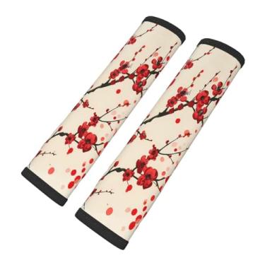 Imagem de DXTKWL Capa de cinto de segurança vermelha japonesa flor de cerejeira macia segurança carro automotivo almofadas de cinto de segurança almofada capas de alça de ombro para carros ou bolsas, 2 peças