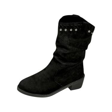 Imagem de Botas femininas casuais de inverno material de camurça bico redondo salto bloco altura do tornozelo para uso confortável e diário, Preto, 38