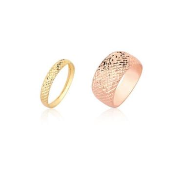 Imagem de Kit 2 Anéis Conjunto Anel Largo Rosé 10mm Aparador Ouro 18k - MAEHLER 