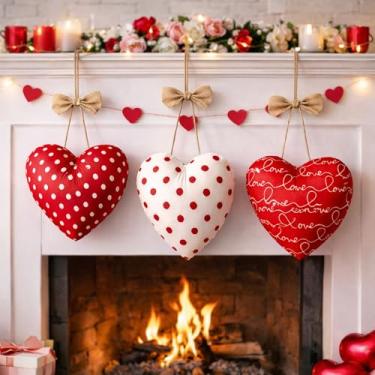 Imagem de Moukeren 3 peças grandes de 25,4 cm, enfeites de coração de tecido de dia dos namorados, decorações grandes de coração pendurado, estilo rústico, 3 estilos de corações de tecido para decoração de casa