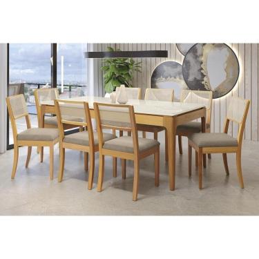 Imagem de Sala Jantar Mesa Mira Premium Madeira Maciça c/ Tampo Madeirado c/ Vidro 200x100cm e 8 Cadeiras Lola Carvalho/Off White - Boucle Bege Fendi-Kappesberg