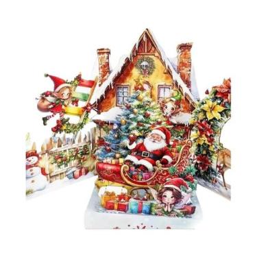Imagem de Cartão 3D Noite Antes Do Natal: Papai Noel, Rena, Aldeia Nevada, Céu I