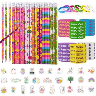 Imagem de Conjunto de 110 peças de artigos de papelaria com tema de Páscoa, lápis de coelhinho da Páscoa com borrachas, pulseiras coloridas de silicone e adesivos de Páscoa feliz, presente de escritório ou