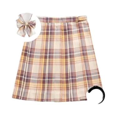 Imagem de Saia Mini Plissada Xadrez Feminina De Cintura Alta Com Laço Estilo Pre