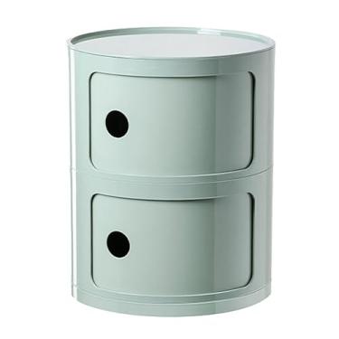 Imagem de Mesa de cabeceira redonda com gaveta e portas deslizantes – Mesa de cabeceira pequena para sala de estar, quartos, banheiro, armário de mesa de canto redondo estreito para organização de armazenamento