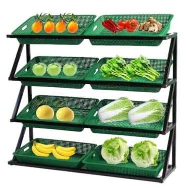 Imagem de Organizador comercial de prateleira de frutas e vegetais de supermercado de 4 níveis com 8 cestos – expositor de lanche de grande capacidade para cebolas, batatas e muito mais em lojas de conveniência