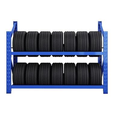 Imagem de Rack resistente de armazenamento de pneus de 2 níveis - Unidade de prateleira de aço para reparo de garagem e carro, organizar neve e semi pneus, organizador de pneus durável 200 x 50 x 140 cm