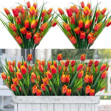Imagem de YILIUFA 12 pacotes de 60 cabeças de tulipas artificiais, flores falsas, ao ar livre, resistente a UV, tulipa de seda, vegetação de plástico sintético, plantas para plantação externa, varanda, jardim