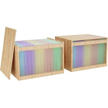 Imagem de LONTAI Caixas de arquivo suspensas de bambu com tampas, pacote com 2, caixa organizadora de arquivos para cartas/arquivos legais, caixa de arquivo com pastas suspensas, luz acrílica, fácil de montar