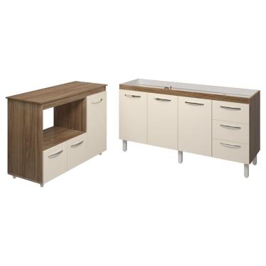 Imagem de Balcão Cozinha Armário Gabinete de Pia 150 cm Deise e Balcão Lilian Para Microondas e Forno Elétrico Savana Off White