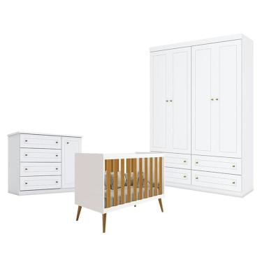 Imagem de Quarto de Bebê Americano 4 Portas com Berço Americano Isis Branco Acetinado Savana - Reller - Henn