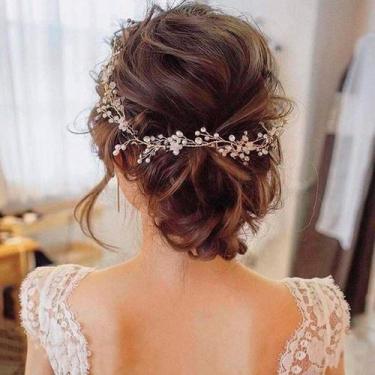 Imagem de Tiara Arranjo Cabelo Noiva Pérola Fio Strass Cristal Dourado - - anjo 