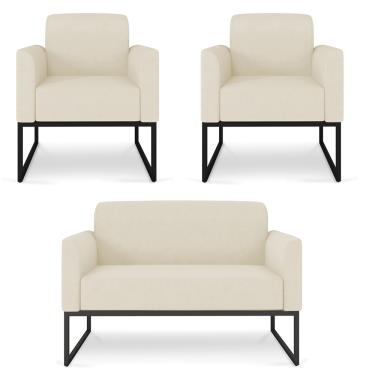 Imagem de Kit 01 Namoradeira 02 Lugares e 02 Poltronas Marisa Linho A27 Areia Base Industrial Metálica Preto - D'Rossi