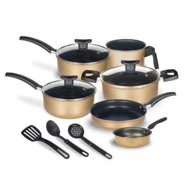 Imagem de Jogo de Panelas Kit 9 Pçs Antiaderente Tampa Vidro Teflon - oem, Bege