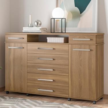 Imagem de Cômoda London 7 Gavetas 2 Portas 1 Cabideiro 1 Nicho com Rodízios em MDF Amêndoa