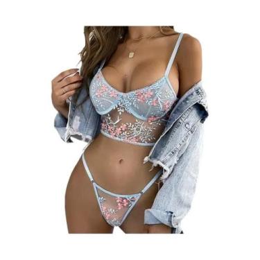 Imagem de Conjunto De Lingerie Sexy Feminina Com Sutiã E Calcinhas Em Renda Flor