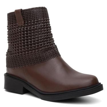 Imagem de Bota Couro Malha Metal Lisa Bico Redondo Cano Curto Salto Baixo