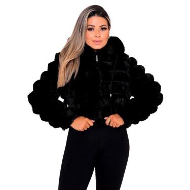 Imagem de Jaqueta Peluciada Feminina Com Capuz Alto Inverno Cor:;Tamanho:GG-Feminino